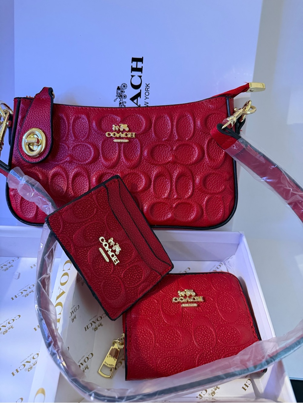 Coach Red Signature Leather Crossbody with Card Case & Coin Pouch